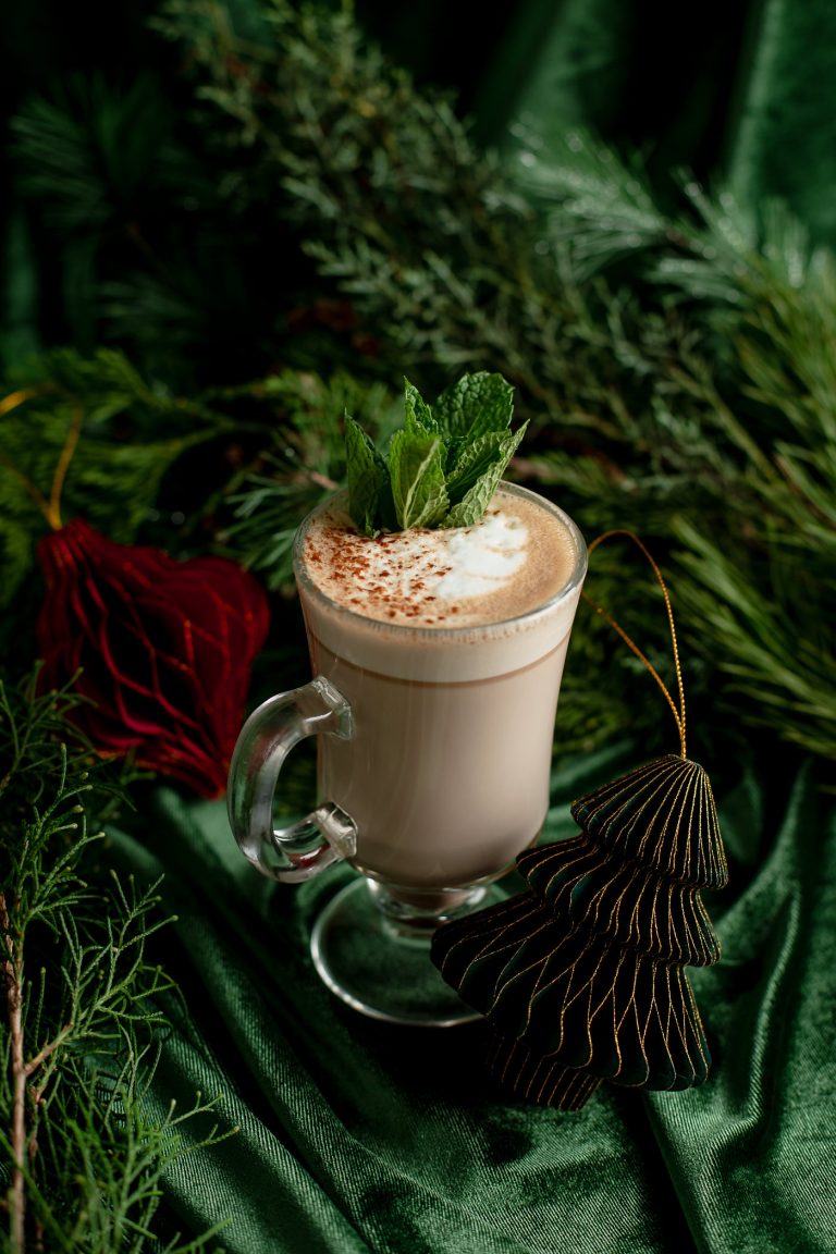 Alpine Hot Chocolate with a mint sprig in a glass mug